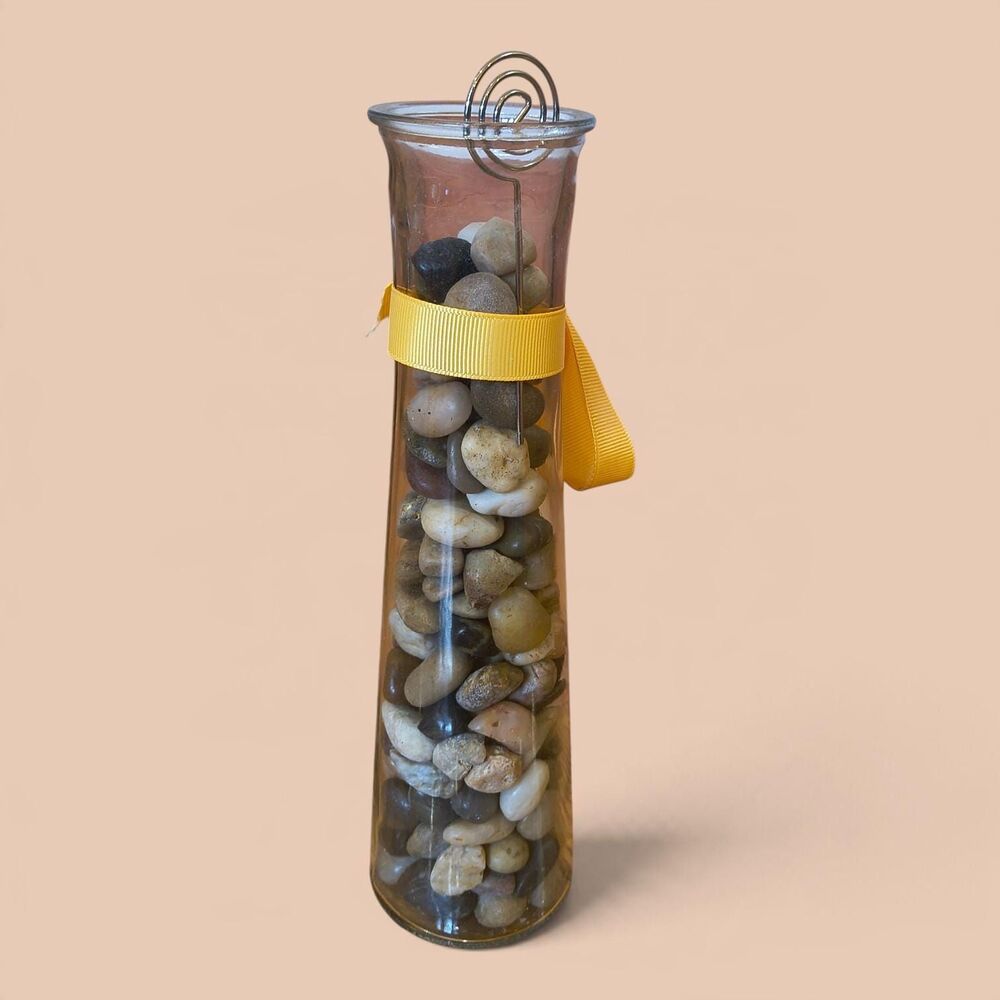 Tall Glass Vase Filled with River Rocks Pebbles Wire Photo Holder Yellow Ribbon